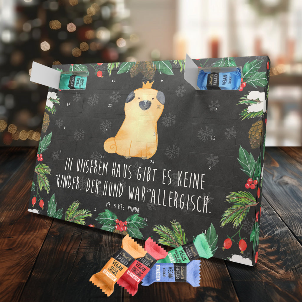 Veganer Adventskalender Mops Krone Schokoladen Adventskalender, Hund, Hundemotiv, Haustier, Hunderasse, Tierliebhaber, Hundebesitzer, Sprüche, Mops, allergisch, kinderlos, Hausregel, Hundebesitzer. Spruch, lustig