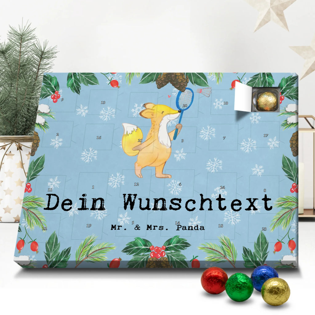 Personalisierter Schoko Adventskalender Fuchs Federball spielen Personalisierter Adventskalender, Adventskalender mit Namen, Geschenk, Sport, Sportart, Hobby, Schenken, Danke, Dankeschön, Auszeichnung, Gewinn, Sportler, Federball spielen, Badminton