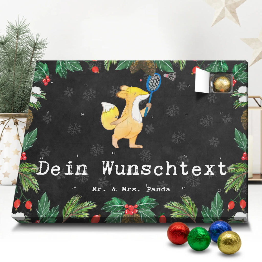 Personalisierter Schoko Adventskalender Fuchs Federball spielen Personalisierter Adventskalender, Adventskalender mit Namen, Geschenk, Sport, Sportart, Hobby, Schenken, Danke, Dankeschön, Auszeichnung, Gewinn, Sportler, Federball spielen, Badminton