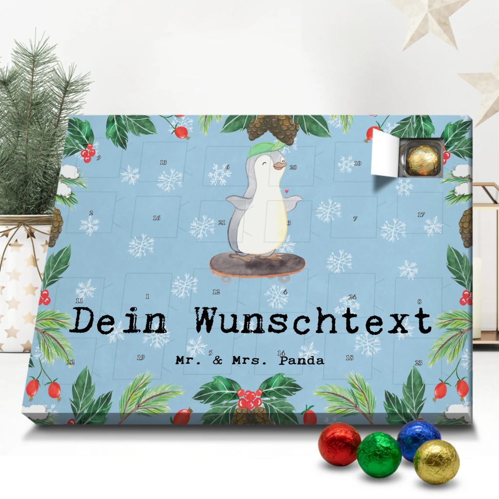 Personalisierter Schoko Adventskalender Pinguin Skateboarden Personalisierter Adventskalender, Adventskalender mit Namen, Geschenk, Sport, Sportart, Hobby, Schenken, Danke, Dankeschön, Auszeichnung, Gewinn, Sportler, Skateboarden, Skateboard fahren, Skaten, Skateboard, Skateplatz