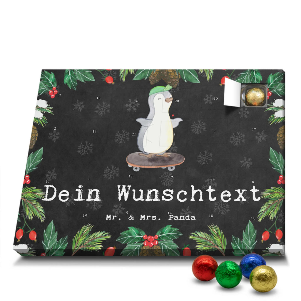 Personalisierter Schoko Adventskalender Pinguin Skateboarden Personalisierter Adventskalender, Adventskalender mit Namen, Geschenk, Sport, Sportart, Hobby, Schenken, Danke, Dankeschön, Auszeichnung, Gewinn, Sportler, Skateboarden, Skateboard fahren, Skaten, Skateboard, Skateplatz