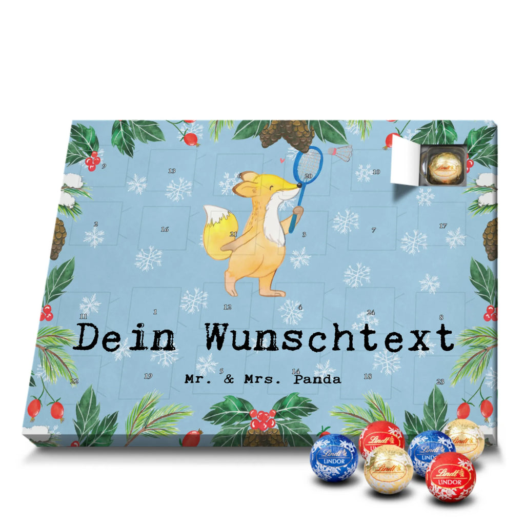 Personalisierter Kugel Markenschokolade Adventskalender Fuchs Federball spielen Personalisierter Kugel Markenschokolade Adventskalender, Geschenk, Sport, Sportart, Hobby, Schenken, Danke, Dankeschön, Auszeichnung, Gewinn, Sportler, Federball spielen, Badminton