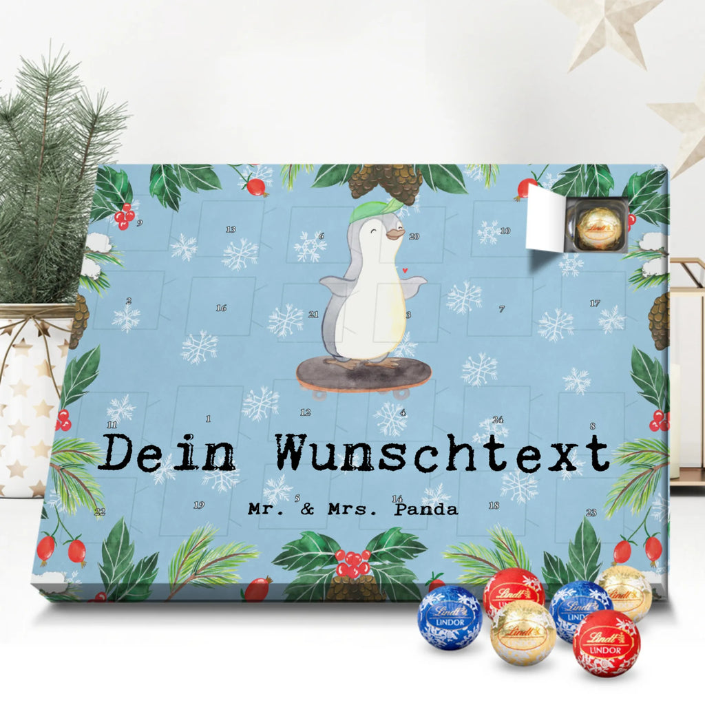 Personalisierter Kugel Markenschokolade Adventskalender Pinguin Skateboarden Personalisierter Kugel Markenschokolade Adventskalender, Geschenk, Sport, Sportart, Hobby, Schenken, Danke, Dankeschön, Auszeichnung, Gewinn, Sportler, Skateboarden, Skateboard fahren, Skaten, Skateboard, Skateplatz