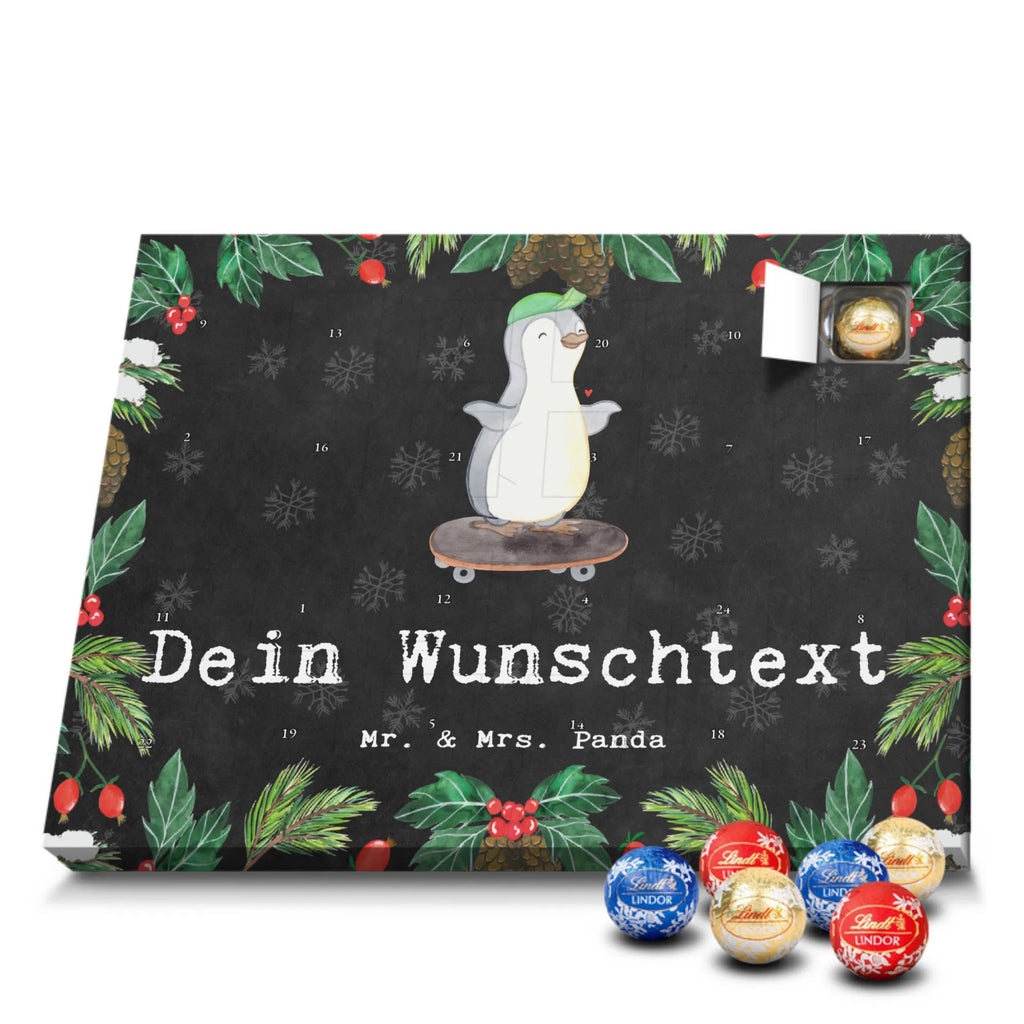 Personalisierter Kugel Markenschokolade Adventskalender Pinguin Skateboarden Personalisierter Kugel Markenschokolade Adventskalender, Geschenk, Sport, Sportart, Hobby, Schenken, Danke, Dankeschön, Auszeichnung, Gewinn, Sportler, Skateboarden, Skateboard fahren, Skaten, Skateboard, Skateplatz