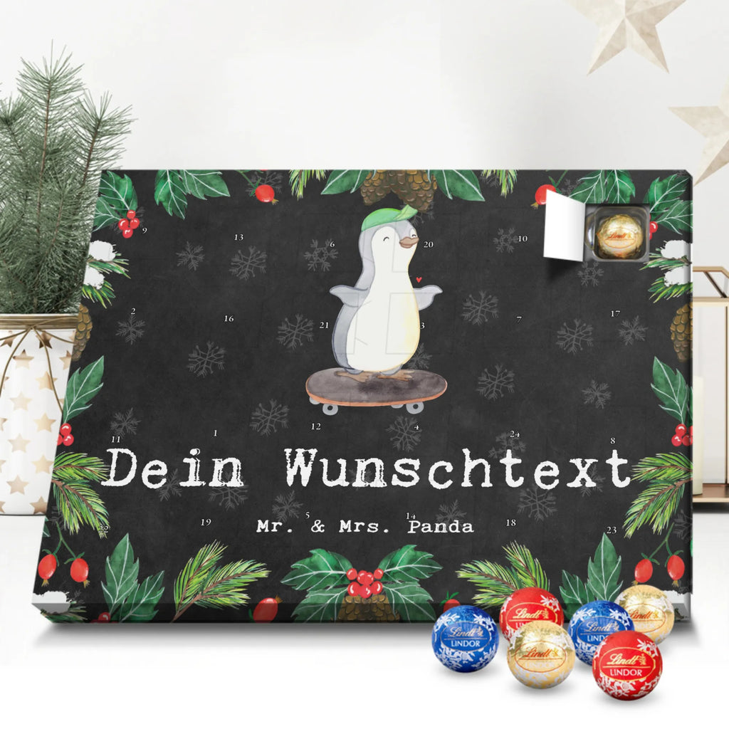 Personalisierter Kugel Markenschokolade Adventskalender Pinguin Skateboarden Personalisierter Kugel Markenschokolade Adventskalender, Geschenk, Sport, Sportart, Hobby, Schenken, Danke, Dankeschön, Auszeichnung, Gewinn, Sportler, Skateboarden, Skateboard fahren, Skaten, Skateboard, Skateplatz