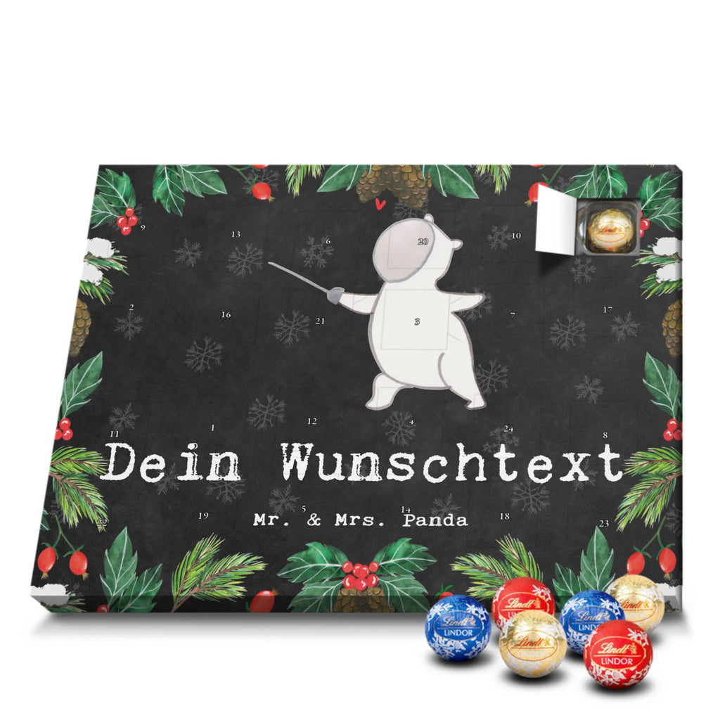 Personalisierter Kugel Markenschokolade Adventskalender Panda Fechten Personalisierter Kugel Markenschokolade Adventskalender, Geschenk, Sport, Sportart, Hobby, Schenken, Danke, Dankeschön, Auszeichnung, Gewinn, Sportler, Fechten, Fechter Bund, Fecht Verein, Fecht Club