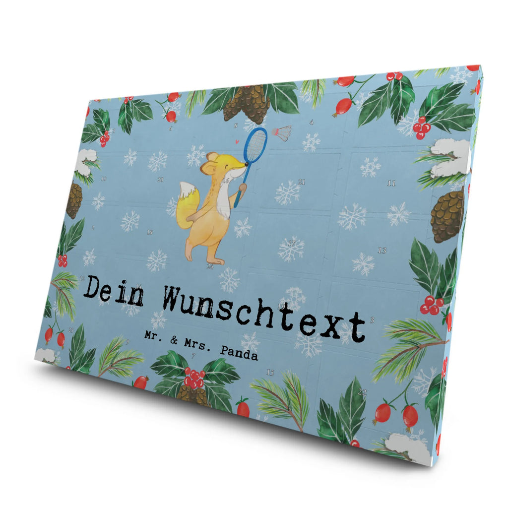 Personalisierter Tee Adventskalender Fuchs Federball spielen Personalisierter Tee Adventskalender, Geschenk, Sport, Sportart, Hobby, Schenken, Danke, Dankeschön, Auszeichnung, Gewinn, Sportler, Federball spielen, Badminton