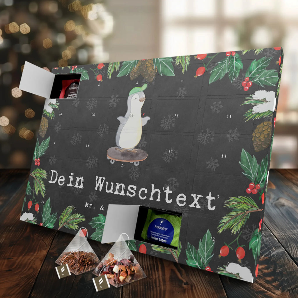 Personalisierter Tee Adventskalender Pinguin Skateboarden Personalisierter Tee Adventskalender, Geschenk, Sport, Sportart, Hobby, Schenken, Danke, Dankeschön, Auszeichnung, Gewinn, Sportler, Skateboarden, Skateboard fahren, Skaten, Skateboard, Skateplatz