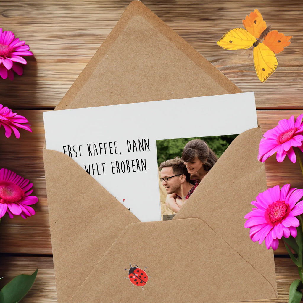 Personalisierte Foto Deluxe Karte Bär Kaffee Personalisierte Foto Grußkarte, Bär, Teddy, Teddybär, Kaffee, Coffee, Bären, guten Morgen, Morgenroutine, Welt erobern, Welt retten, Motivation