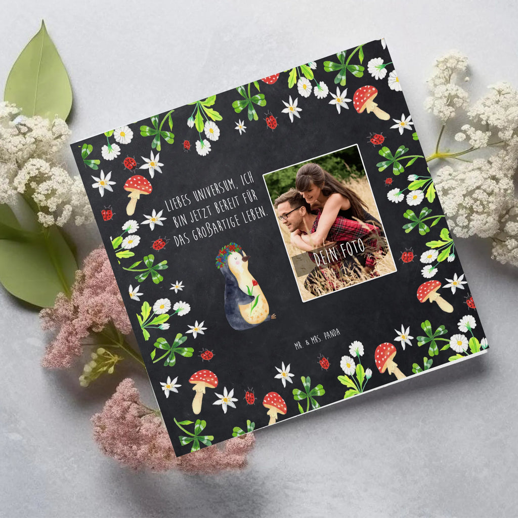 Personalisierte Foto Deluxe Karte Pinguin Blumen Personalisierte Foto Grußkarte, Pinguin, Pinguine, Blumenkranz, Universum, Leben, Wünsche, Ziele, Lebensziele, Motivation, Lebenslust, Liebeskummer, Geschenkidee