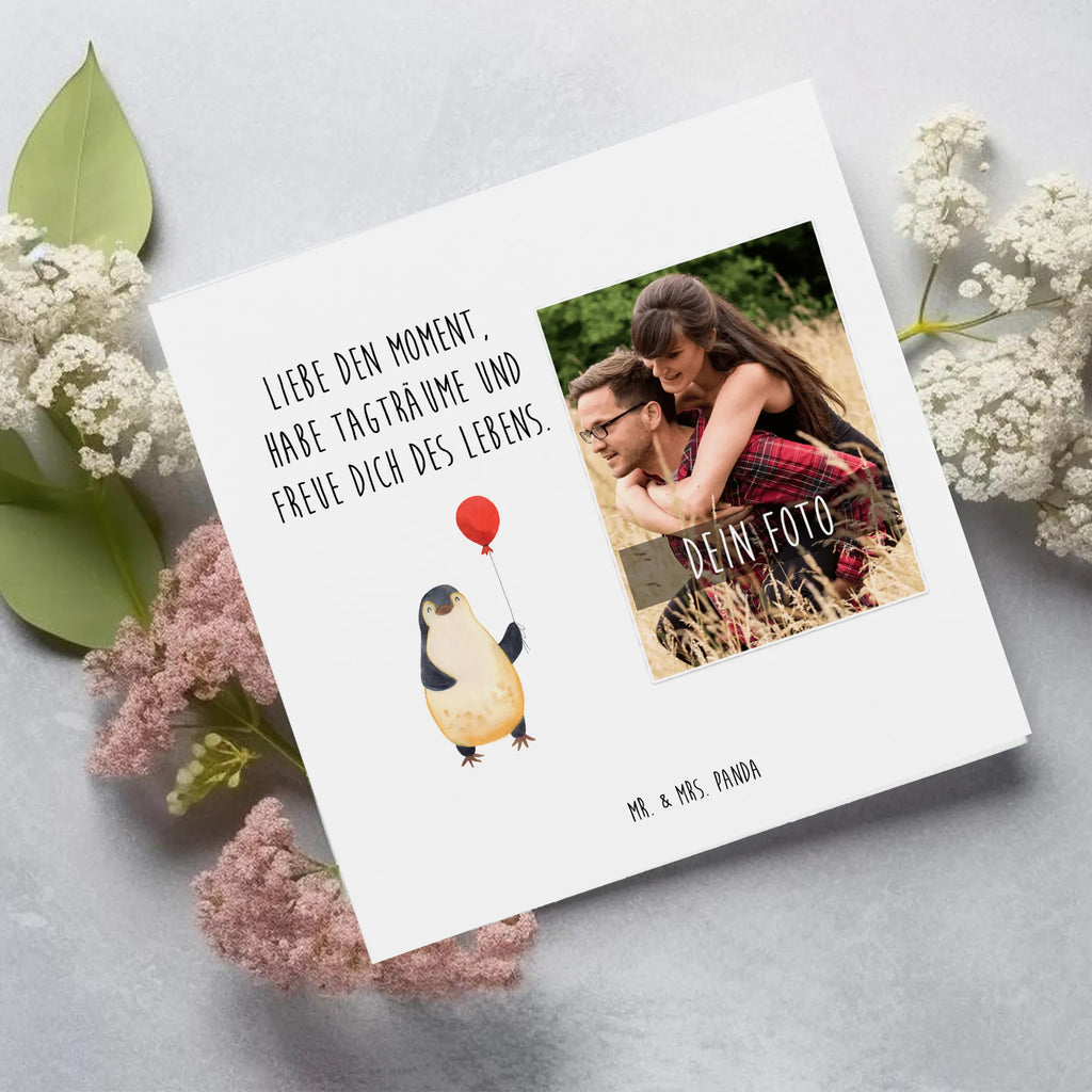 Personalisierte Foto Deluxe Karte Pinguin Luftballon Personalisierte Foto Grußkarte, Pinguin, Pinguine, Luftballon, Tagträume, Lebenslust, Geschenk Freundin, Geschenkidee, beste Freundin, Motivation, Neustart, neues Leben, Liebe, Glück