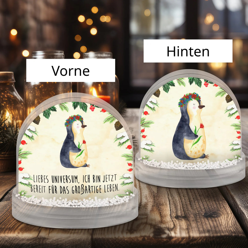 Schneekugel Pinguin Blumen Schneekugel, Schüttelkugel, Wunderkugel, Pinguin, Pinguine, Blumenkranz, Universum, Leben, Wünsche, Ziele, Lebensziele, Motivation, Lebenslust, Liebeskummer, Geschenkidee