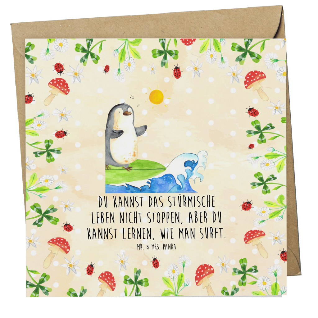 Deluxe Karte Pinguin Surfer Karte, Grußkarte, Klappkarte, Einladungskarte, Glückwunschkarte, Hochzeitskarte, Geburtstagskarte, Hochwertige Grußkarte, Hochwertige Klappkarte, Pinguin, Pinguine, surfen, Surfer, Hawaii, Urlaub, Wellen, Wellen reiten, Portugal