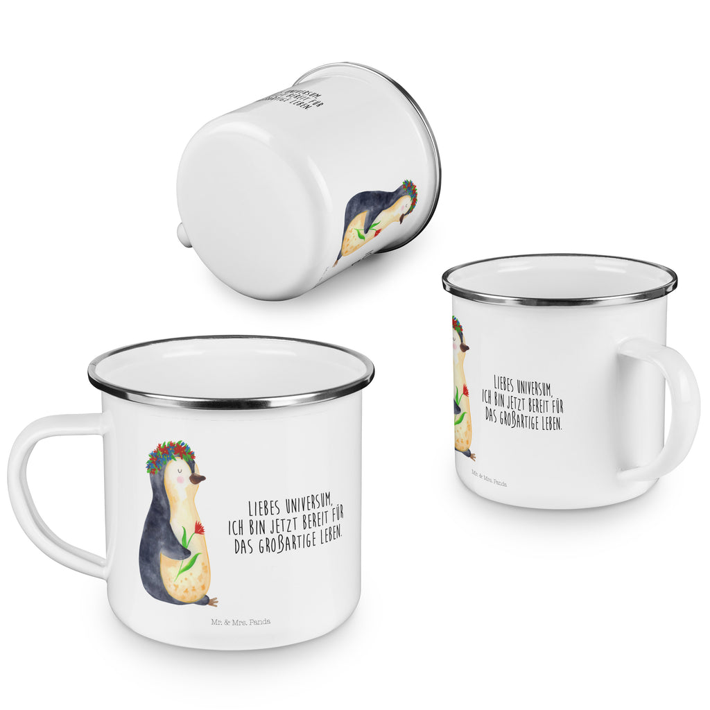 Camping Emaille Tasse Pinguin Blumenkranz Campingtasse, Trinkbecher, Metalltasse, Outdoor Tasse, Emaille Trinkbecher, Blechtasse Outdoor, Emaille Campingbecher, Edelstahl Trinkbecher, Metalltasse für Camping, Kaffee Blechtasse, Camping Tasse Metall, Pinguin, Pinguine, Blumenkranz, Universum, Leben, Wünsche, Ziele, Lebensziele, Motivation, Lebenslust, Liebeskummer, Geschenkidee