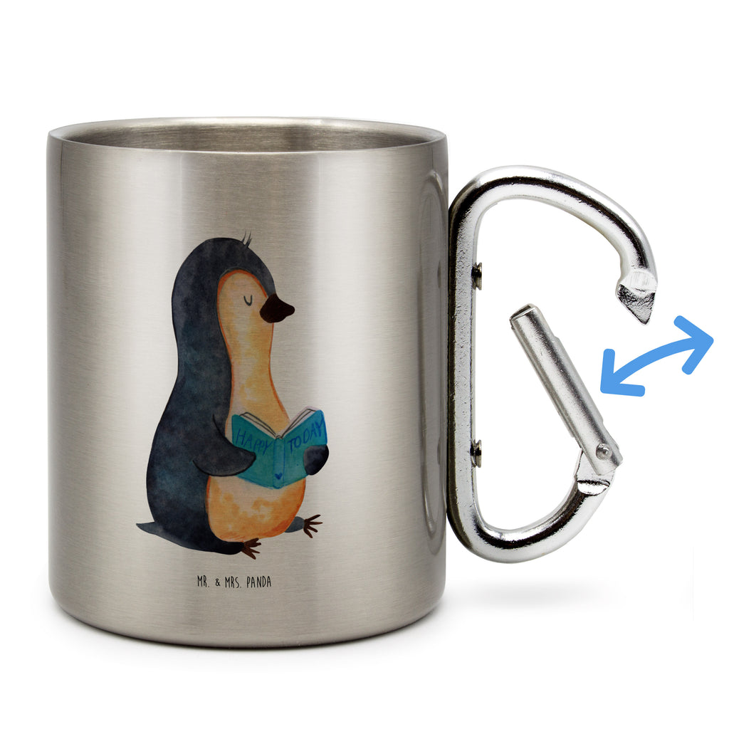 Edelstahlbecher Pinguin Buch Edelstahltasse, Karabiner, Edelstahlbecher, Outdoor, Camping, Tasse, Becher, Pinguin, Pinguine, Buch, Lesen, Bücherwurm, Nichtstun, Faulenzen, Ferien, Urlaub, Freizeit