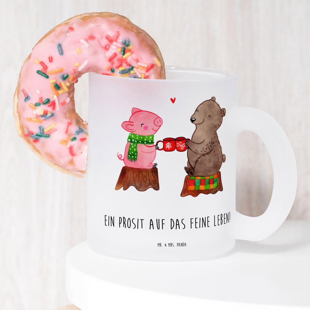 Teetasse Glühschwein Sause Teetasse, Teeglas, Teebecher, Tasse mit Henkel, Tasse, Glas Teetasse, Teetasse aus Glas, Winter, Weihnachten, Weihnachtsdeko, Nikolaus, Advent, Heiligabend, Wintermotiv, Prost, Alles Gute, Weihnachtszeit, Schwein, Bär