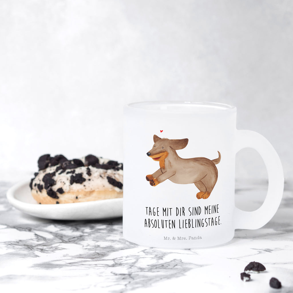 Teetasse Hund Dackel fröhlich Teetasse, Teeglas, Teebecher, Tasse mit Henkel, Tasse, Glas Teetasse, Teetasse aus Glas, Hund, Hundemotiv, Haustier, Hunderasse, Tierliebhaber, Hundebesitzer, Sprüche, Hunde, Dackel, Dachshund, happy dog