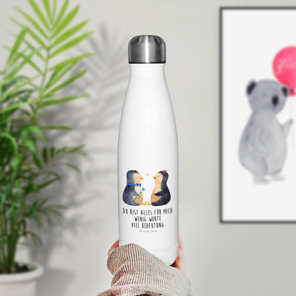 Thermosflasche Pinguin Pärchen Isolierflasche, Thermoflasche, Trinkflasche, Thermos, Edelstahl, Pinguin, Pinguine, Liebe, Liebespaar, Liebesbeweis, Liebesgeschenk, Verlobung, Jahrestag, Hochzeitstag, Hochzeit, Hochzeitsgeschenk, große Liebe, Traumpaar