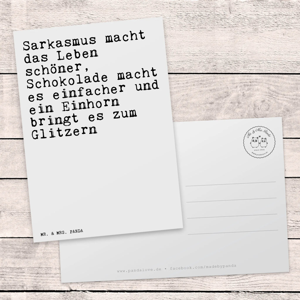 Postkarte Sprüche und Zitate Sarkasmus macht das Leben schöner, Schokolade macht es einfacher und ein Einhorn bringt es zum Glitzern. Postkarte, Karte, Geschenkkarte, Grußkarte, Einladung, Ansichtskarte, Geburtstagskarte, Einladungskarte, Dankeskarte, Ansichtskarten, Einladung Geburtstag, Einladungskarten Geburtstag, Spruch, Sprüche, lustige Sprüche, Weisheiten, Zitate, Spruch Geschenke, Spruch Sprüche Weisheiten Zitate Lustig Weisheit Worte