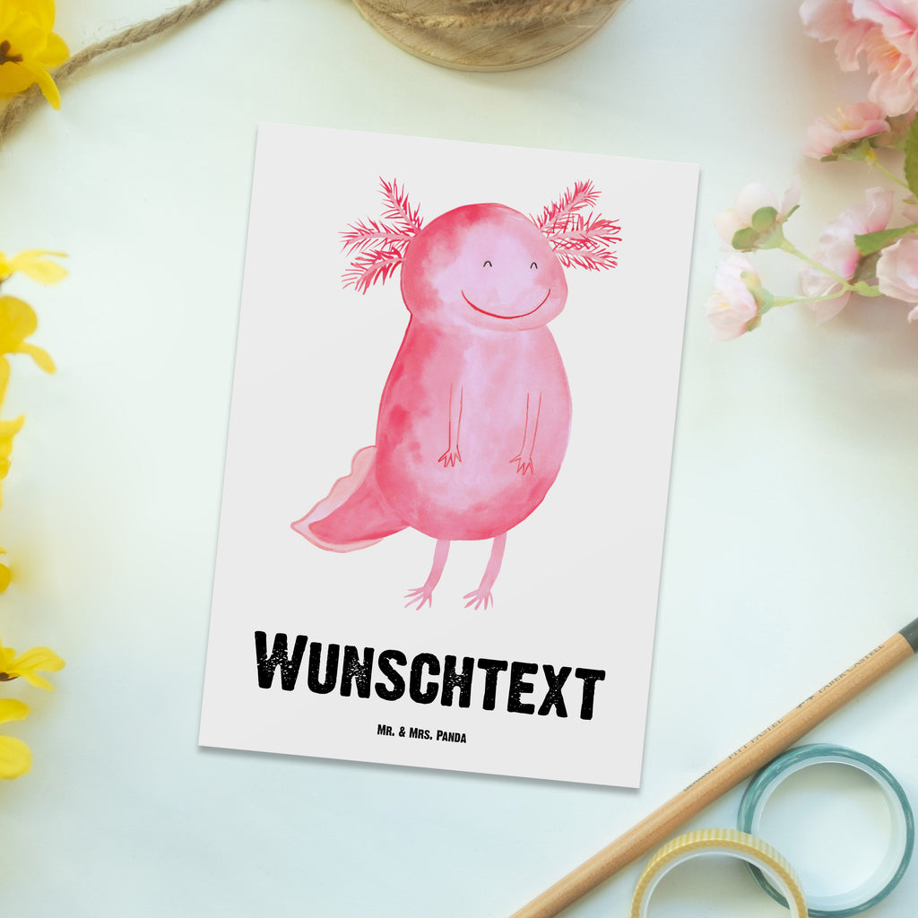 Personalisierte Postkarte Axolotl glücklich Postkarte mit Namen, Postkarte bedrucken, Postkarte mit Wunschtext, Postkarte personalisierbar, Geschenkkarte mit Namen, Grußkarte mit Namen, Karte mit Namen, Einladung mit Namen, Ansichtskarte mit Namen, Geschenkkarte mit Wunschtext, Grußkarte mit Wunschtext, Karte mit Wunschtext, Einladung mit Wunschtext, Ansichtskarte mit Wunschtext, Axolotl, Molch, Axolot, Schwanzlurch, Lurch, Lurche, Motivation, gute Laune