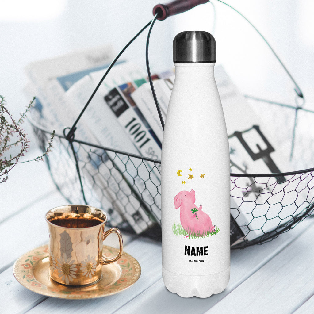 Personalisierte Thermosflasche Glücksschwein Personalisierte Isolierflasche, Personalisierte Thermoflasche, Personalisierte Trinkflasche, Trinkflasche Mit Namen, Wunschname, Bedrucken, Namensflasche, Tiermotive, Gute Laune, lustige Sprüche, Tiere, Glücksschwein. Glück, Schwein, Schweinchen, Sterne, Sernchen, Ziele, Träume, Motivation, Glücksbringer