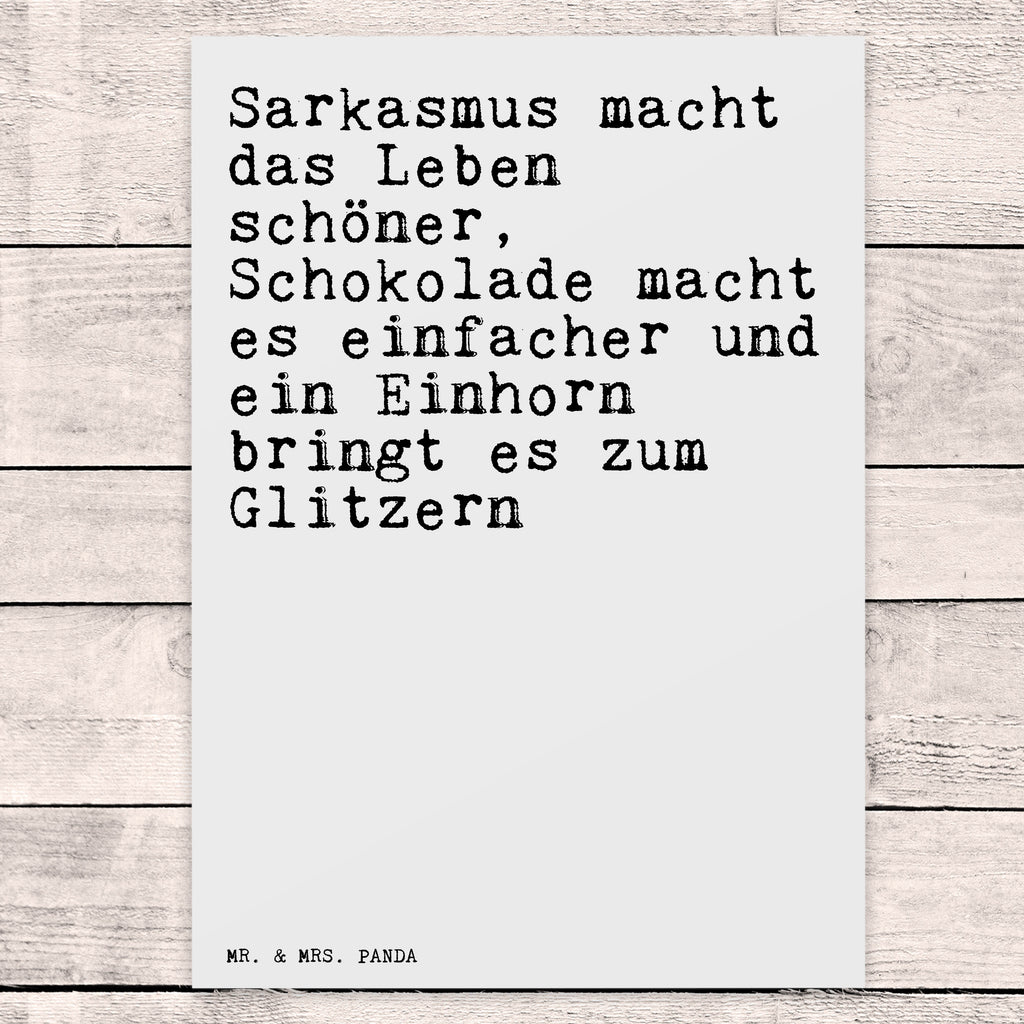 Postkarte Sprüche und Zitate Sarkasmus macht das Leben schöner, Schokolade macht es einfacher und ein Einhorn bringt es zum Glitzern. Postkarte, Karte, Geschenkkarte, Grußkarte, Einladung, Ansichtskarte, Geburtstagskarte, Einladungskarte, Dankeskarte, Ansichtskarten, Einladung Geburtstag, Einladungskarten Geburtstag, Spruch, Sprüche, lustige Sprüche, Weisheiten, Zitate, Spruch Geschenke, Spruch Sprüche Weisheiten Zitate Lustig Weisheit Worte