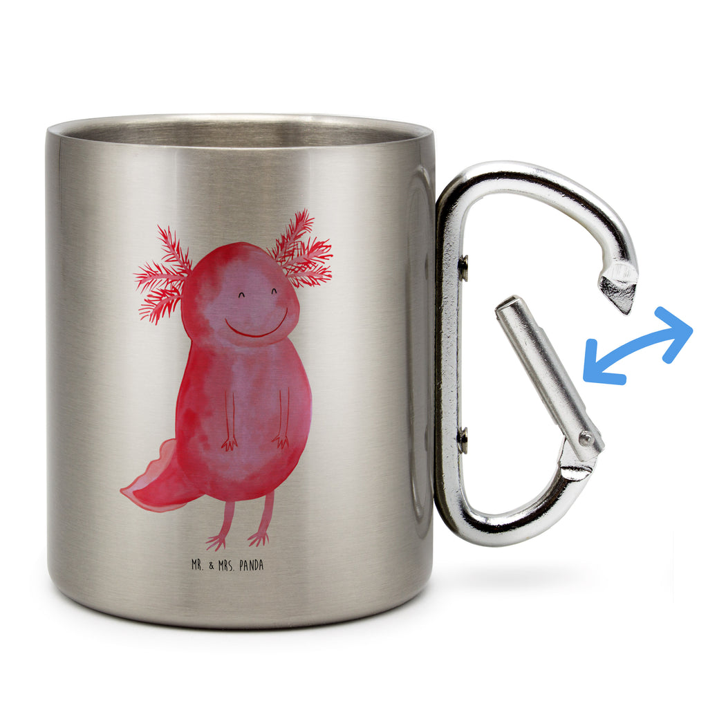 Edelstahlbecher Axolotl glücklich Edelstahltasse, Karabiner, Edelstahlbecher, Outdoor, Camping, Tasse, Becher, Axolotl, Molch, Axolot, Schwanzlurch, Lurch, Lurche, Motivation, gute Laune