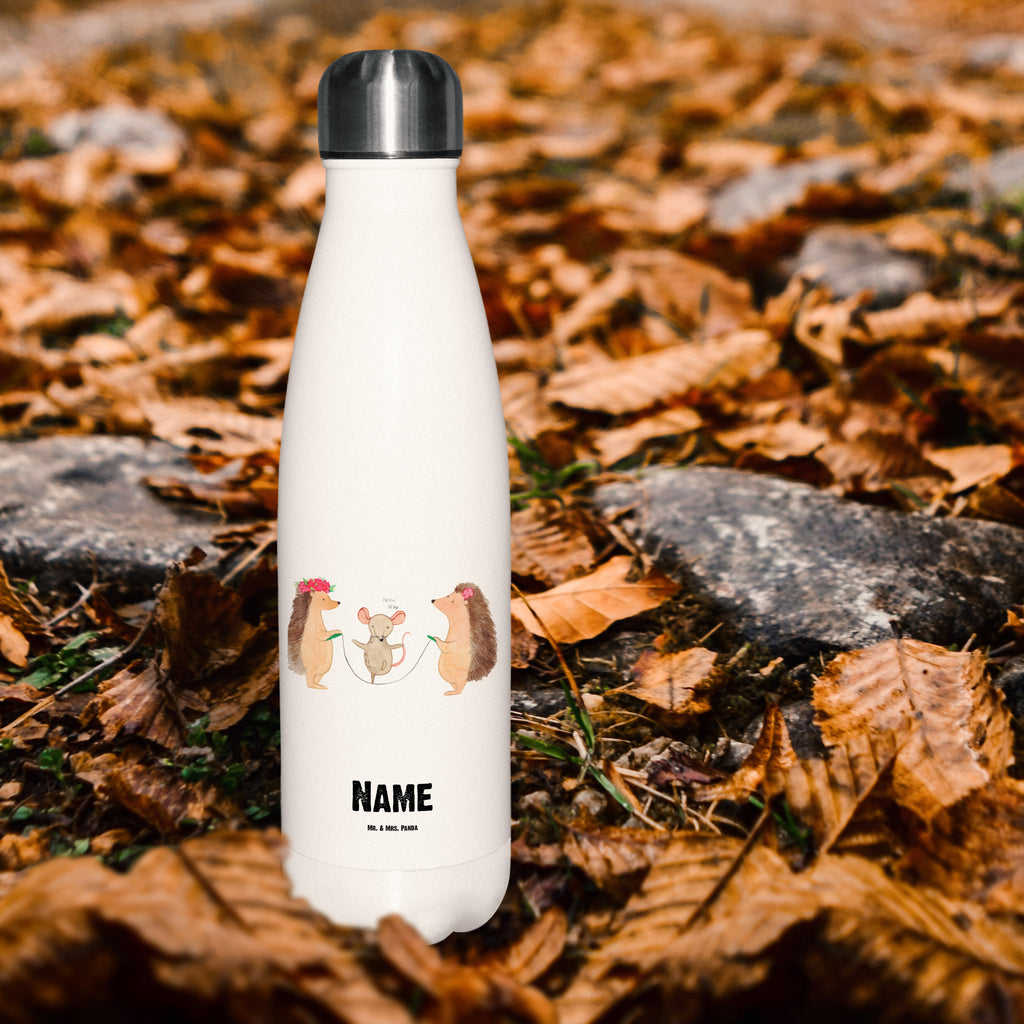 Personalisierte Thermosflasche Igel Seilhüpfen Personalisierte Isolierflasche, Personalisierte Thermoflasche, Personalisierte Trinkflasche, Trinkflasche Mit Namen, Wunschname, Bedrucken, Namensflasche, Tiermotive, Gute Laune, lustige Sprüche, Tiere, Igel, Maus, Seilspringen, Seilhüpfen, Kinder, Kindergarten