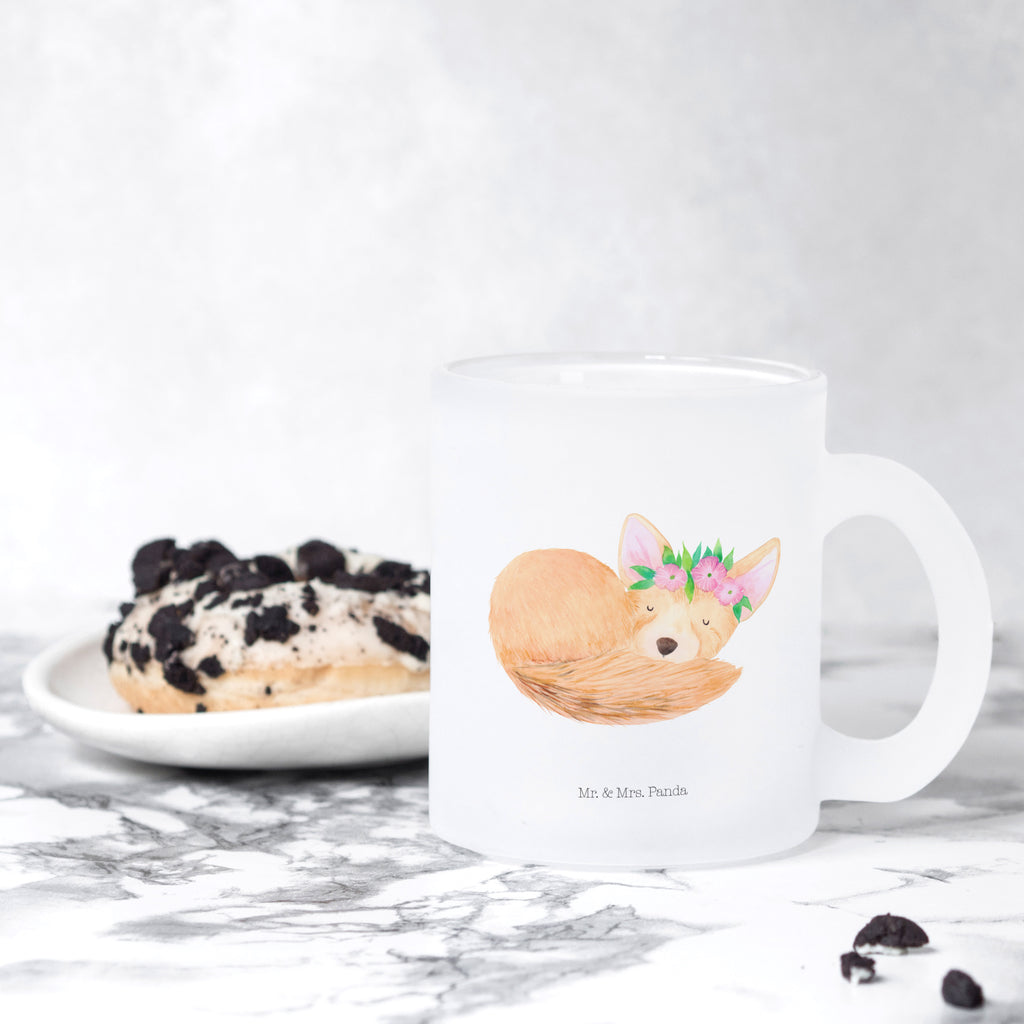 Teetasse Wüstenfuchs Blumenkranz Teetasse, Teeglas, Teebecher, Tasse mit Henkel, Tasse, Glas Teetasse, Teetasse aus Glas, Afrika, Wildtiere, Wüste, Wüstenfuchs, Blumen, Blumenkranz, Glücklich