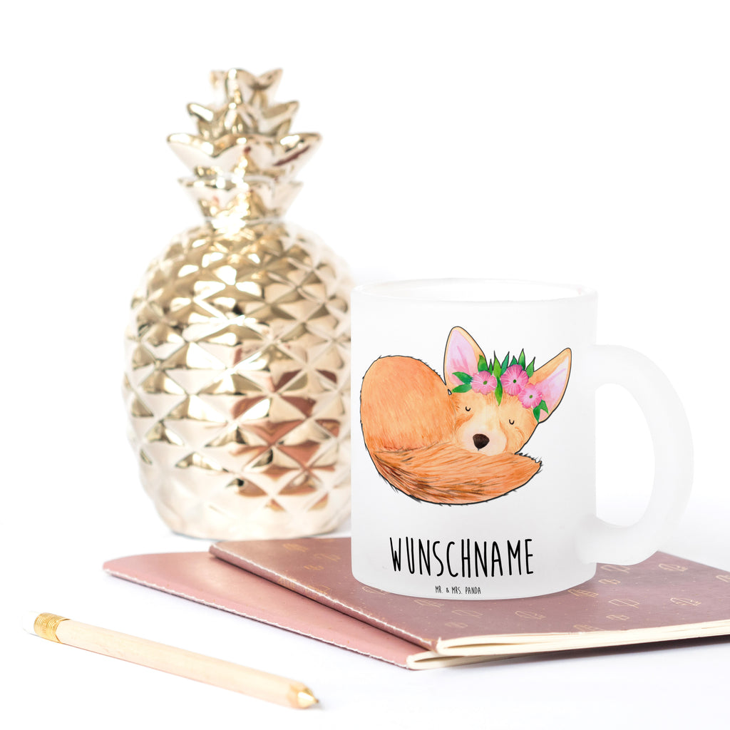 Personalisierte Teetasse Wüstenfuchs Blumenkranz Personalisierte Teetasse, Personalisiertes Teeglas, Personalisierter Teebecher, Personalisierte Glas Teetasse, Personalisierte Teetasse aus Glas, Teetasse mit Namen, Teeglas mit Namen, Teebecher mit Namen, Glas Teetasse mit Namen, Teetasse aus Glas mit Namen, Teetasse Wunschname, Teetasse selbst gestalten., Afrika, Wildtiere, Wüste, Wüstenfuchs, Blumen, Blumenkranz, Glücklich