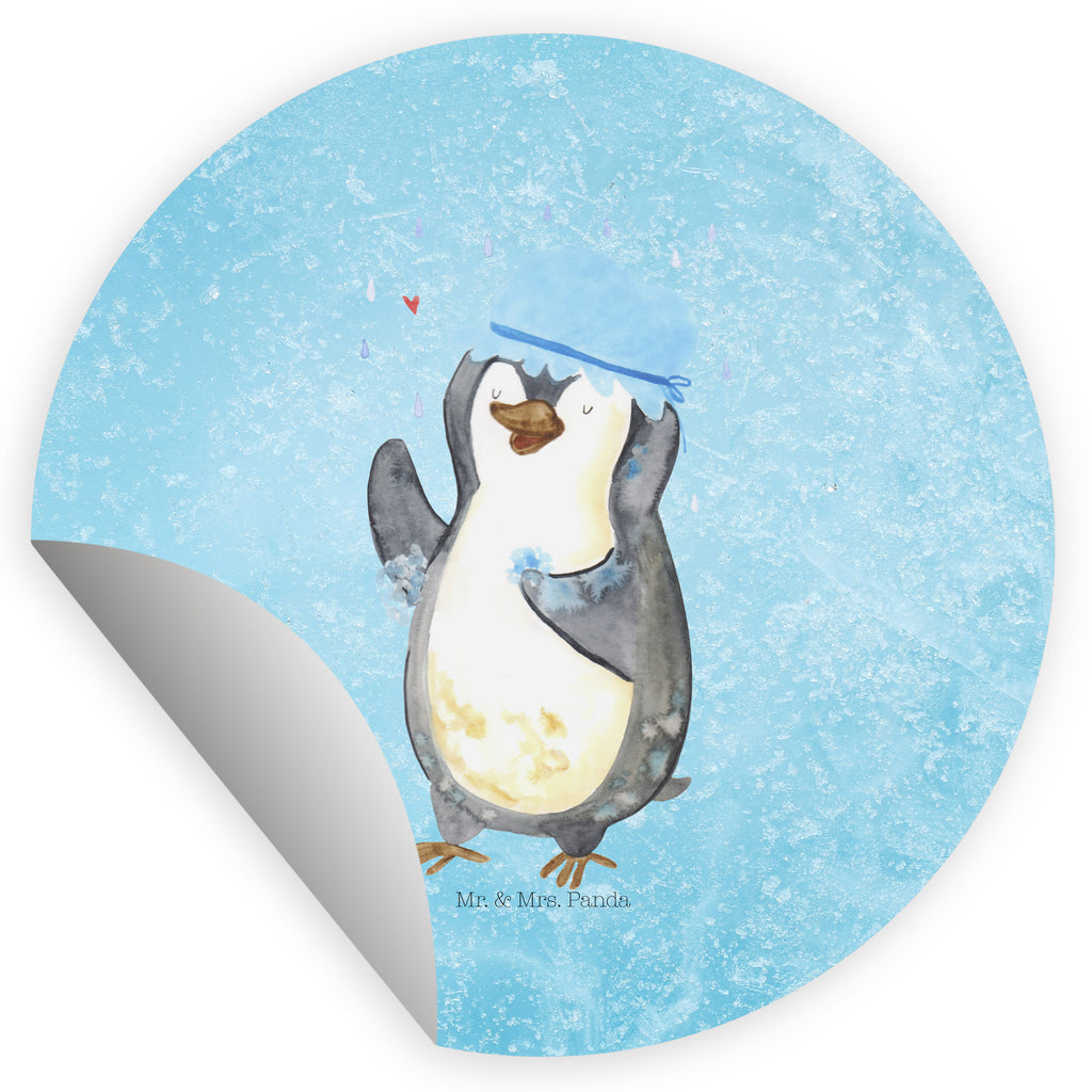 Rund Aufkleber Pinguin duscht Sticker, Aufkleber, Etikett, Kinder, rund, Pinguin, Pinguine, Dusche, duschen, Lebensmotto, Motivation, Neustart, Neuanfang, glücklich sein