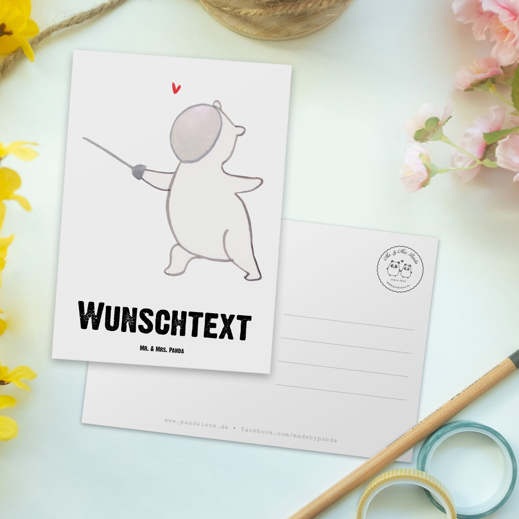 Personalisierte Postkarte Panda Fechten Postkarte mit Namen, Postkarte bedrucken, Postkarte mit Wunschtext, Postkarte personalisierbar, Geschenkkarte mit Namen, Grußkarte mit Namen, Karte mit Namen, Einladung mit Namen, Ansichtskarte mit Namen, Geschenkkarte mit Wunschtext, Grußkarte mit Wunschtext, Karte mit Wunschtext, Einladung mit Wunschtext, Ansichtskarte mit Wunschtext, Geschenk, Sport, Sportart, Hobby, Schenken, Danke, Dankeschön, Auszeichnung, Gewinn, Sportler, Fechten, Fechter Bund, Fecht Verein, Fecht Club