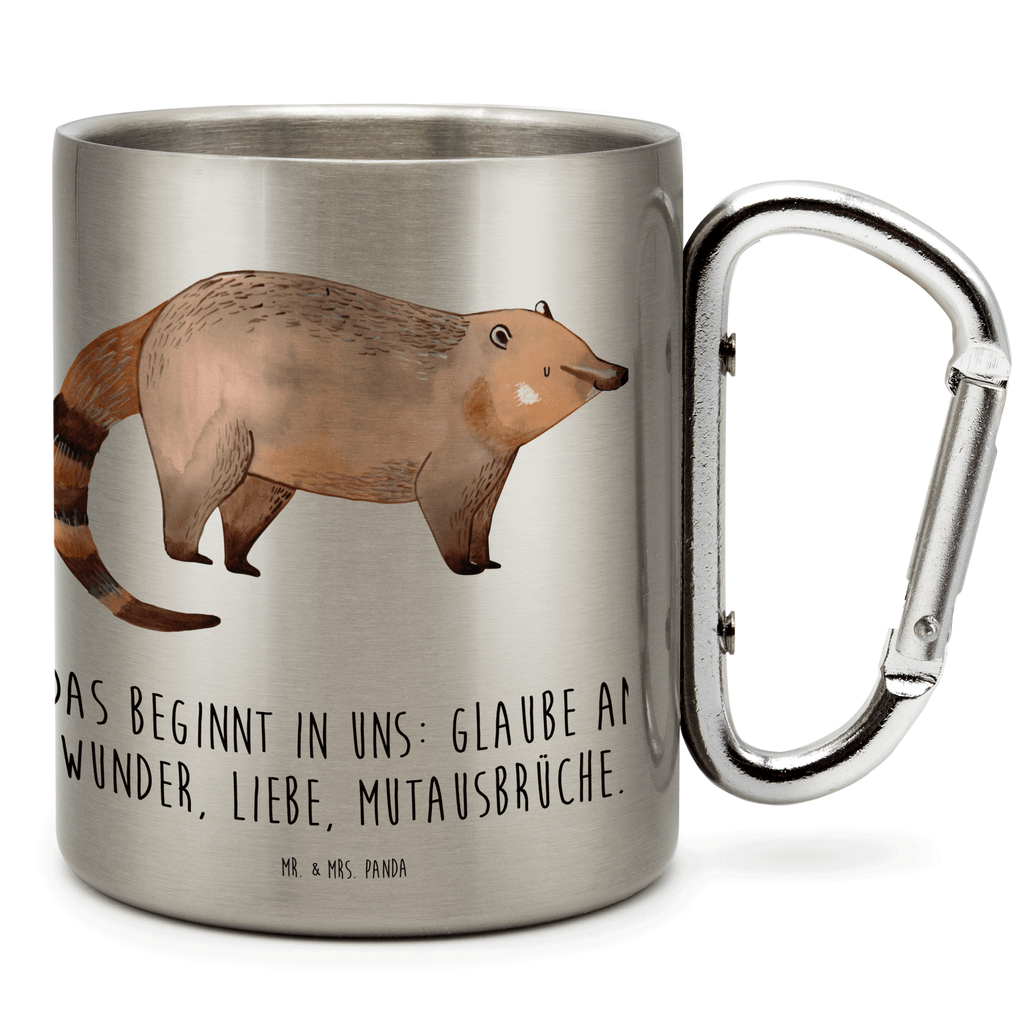 Edelstahlbecher Nasenbaer Edelstahltasse, Karabiner, Edelstahlbecher, Outdoor, Camping, Tasse, Becher, Tiermotive, Gute Laune, lustige Sprüche, Tiere, Nasenbär, Nasenbären, Rüsselbär, Bär