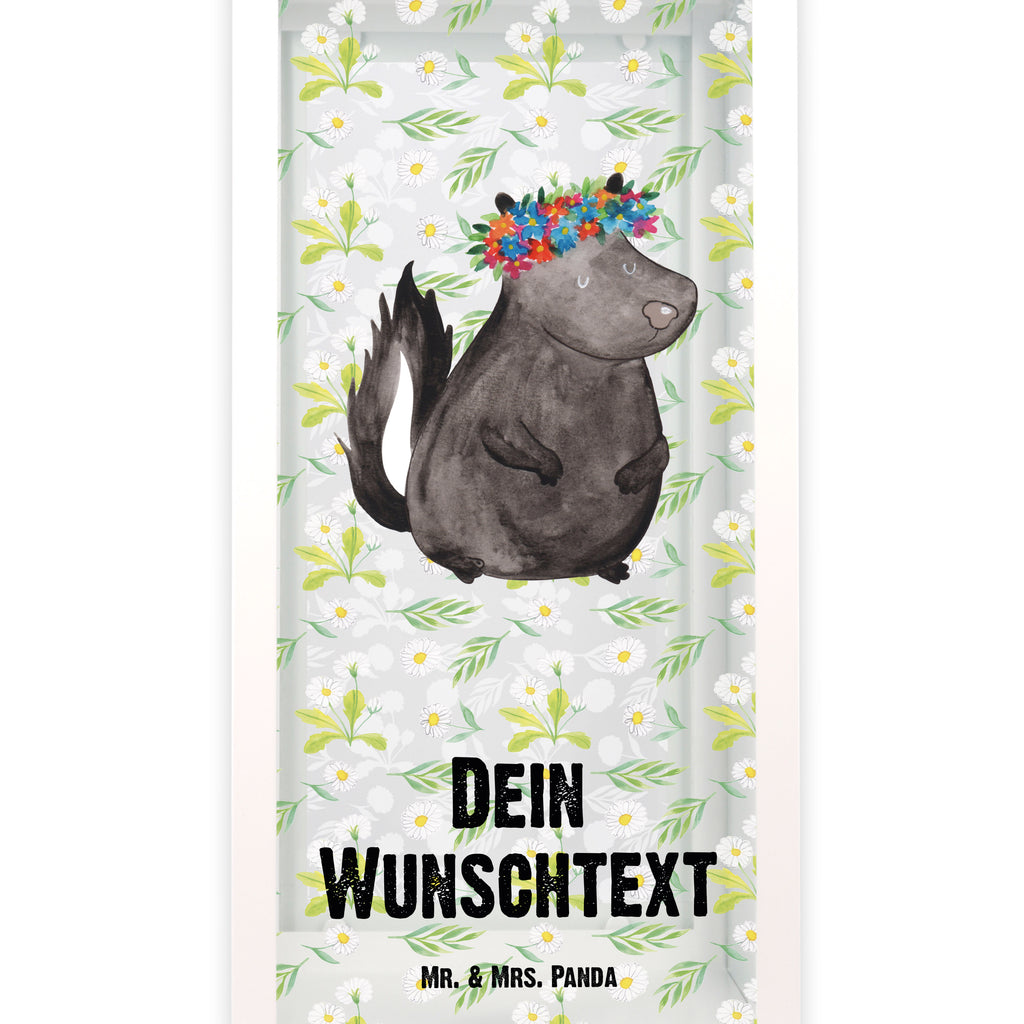 Personalisierte Deko Laterne Stinktier Blumenmaedchen Gartenlampe, Gartenleuchte, Gartendekoration, Gartenlicht, Laterne  kleine Laternen, XXL Laternen, Laterne groß, Stinktier, Skunk, Wildtier, Raubtier, Stinker, Stinki, Yoga, Namaste, Lebe, Liebe, Lache