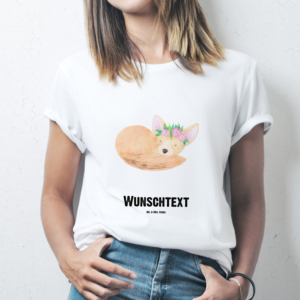 Personalisiertes T-Shirt Wüstenfuchs Blumenkranz T-Shirt Personalisiert, T-Shirt mit Namen, T-Shirt mit Aufruck, Männer, Frauen, Wunschtext, Bedrucken, Afrika, Wildtiere, Wüste, Wüstenfuchs, Blumen, Blumenkranz, Glücklich