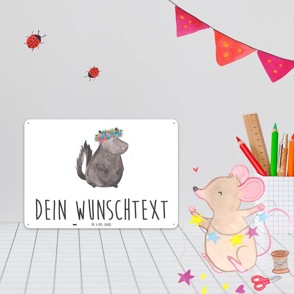 Personalisiertes Blechschild Stinktier Blumenmaedchen Blechschild, Metallschild, Geschenk Schild, Schild, Magnet-Metall-Schild, Deko Schild, Wandschild, Wand-Dekoration, Türschild, Stinktier, Skunk, Wildtier, Raubtier, Stinker, Stinki, Yoga, Namaste, Lebe, Liebe, Lache