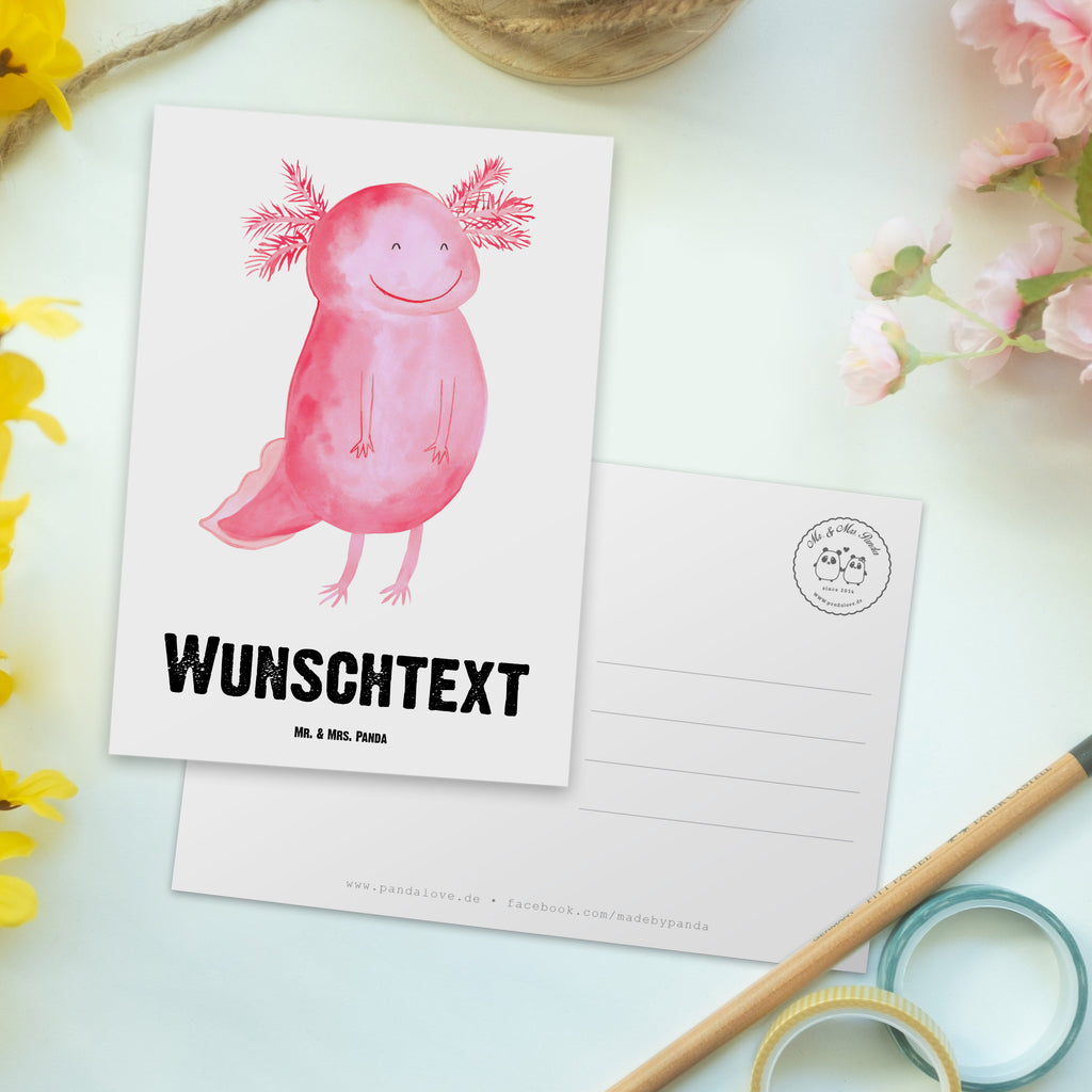 Personalisierte Postkarte Axolotl glücklich Postkarte mit Namen, Postkarte bedrucken, Postkarte mit Wunschtext, Postkarte personalisierbar, Geschenkkarte mit Namen, Grußkarte mit Namen, Karte mit Namen, Einladung mit Namen, Ansichtskarte mit Namen, Geschenkkarte mit Wunschtext, Grußkarte mit Wunschtext, Karte mit Wunschtext, Einladung mit Wunschtext, Ansichtskarte mit Wunschtext, Axolotl, Molch, Axolot, Schwanzlurch, Lurch, Lurche, Motivation, gute Laune