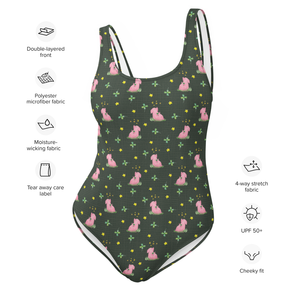 Badeanzug Schwein Glück Muster Badebekleidung, Bademode, Badeanzug, Swimsuit, Rückenfreier Badeanzug, Luxus-Bademode, Tiermotive, Gute Laune, lustige Sprüche, Tiere, Glücksschwein. Glück, Schwein, Schweinchen, Sterne, Sernchen, Ziele, Träume, Motivation, Glücksbringer