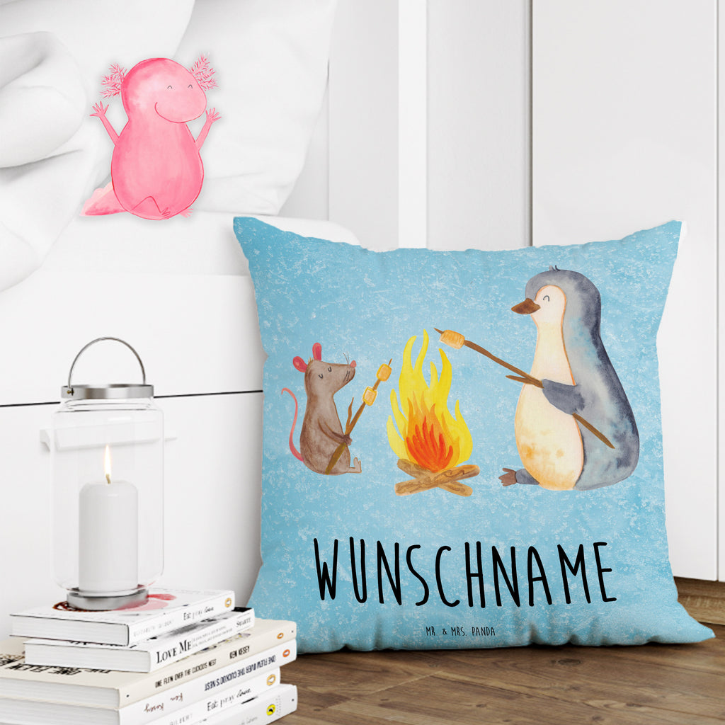 Personalisiertes Kissen Pinguin Lagerfeuer Kissen, personalisiert, Name, Wunschname, bedrucken, Kopfkissen, Pinguin, Maus, Pinguine, Lagerfeuer, Leben, Arbeit, Job, Motivation, Büro, Büroalltag, Lebensspruch, Lebensmotivation, Neustart, Liebe, grillen, Feuer, Marshmallows