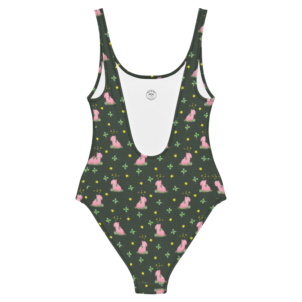 Badeanzug Schwein Glück Muster Badebekleidung, Bademode, Badeanzug, Swimsuit, Rückenfreier Badeanzug, Luxus-Bademode, Tiermotive, Gute Laune, lustige Sprüche, Tiere, Glücksschwein. Glück, Schwein, Schweinchen, Sterne, Sernchen, Ziele, Träume, Motivation, Glücksbringer