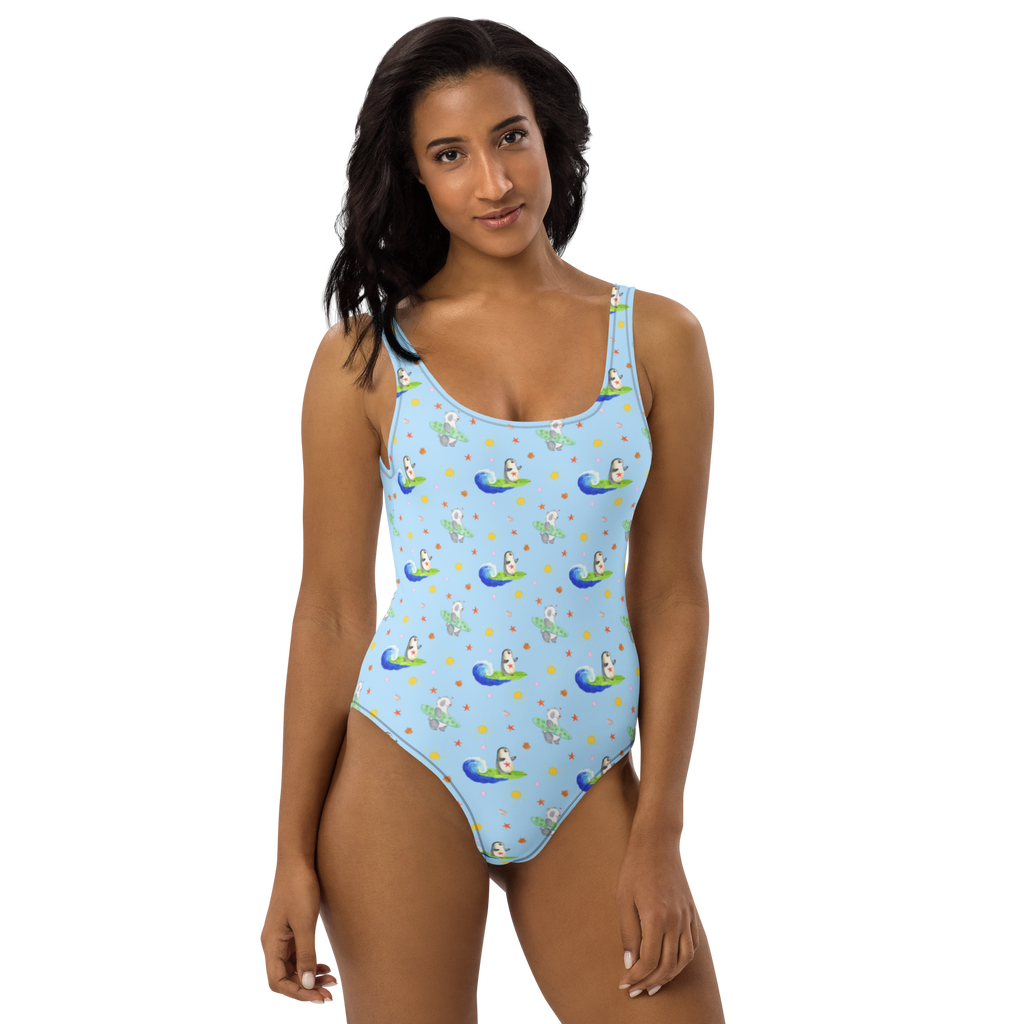 Badeanzug Pinguin Surfer Badebekleidung, Bademode, Badeanzug, Swimsuit, Rückenfreier Badeanzug, Luxus-Bademode, Pinguin, Pinguine, surfen, Surfer, Hawaii, Urlaub, Wellen, Wellen reiten, Portugal