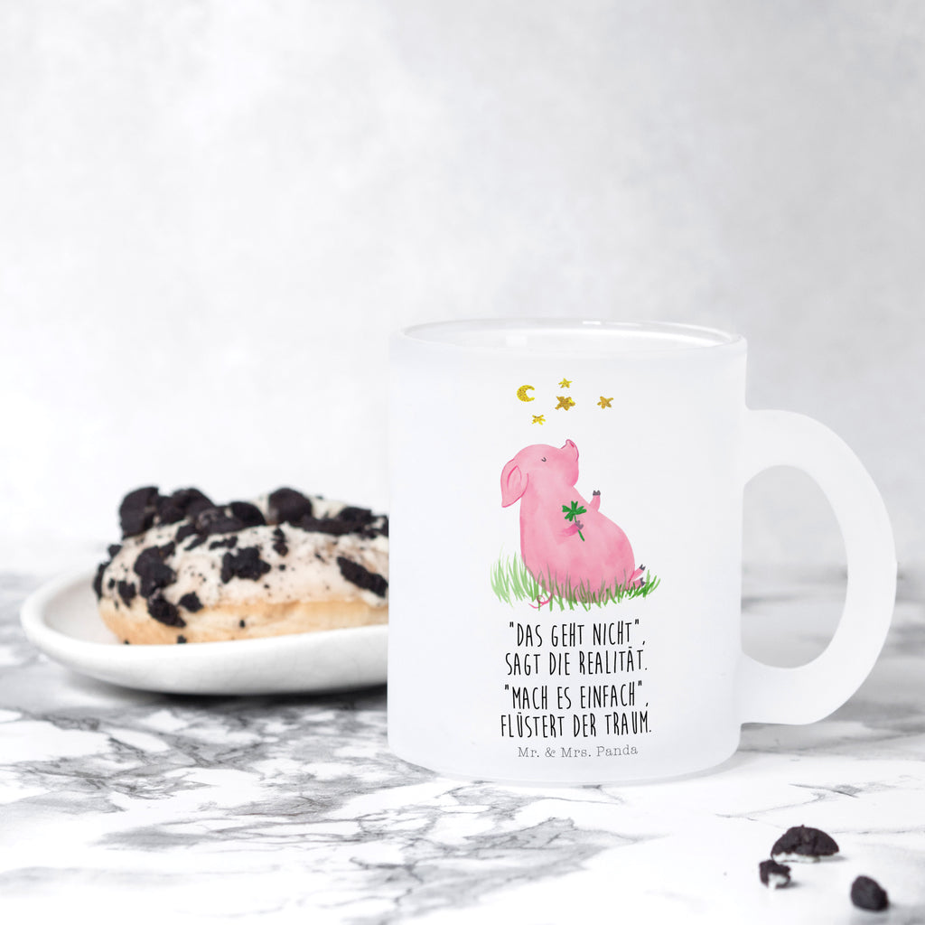 Teetasse Glücksschwein Teetasse, Teeglas, Teebecher, Tasse mit Henkel, Tasse, Glas Teetasse, Teetasse aus Glas, Tiermotive, Gute Laune, lustige Sprüche, Tiere, Glücksschwein. Glück, Schwein, Schweinchen, Sterne, Sernchen, Ziele, Träume, Motivation, Glücksbringer