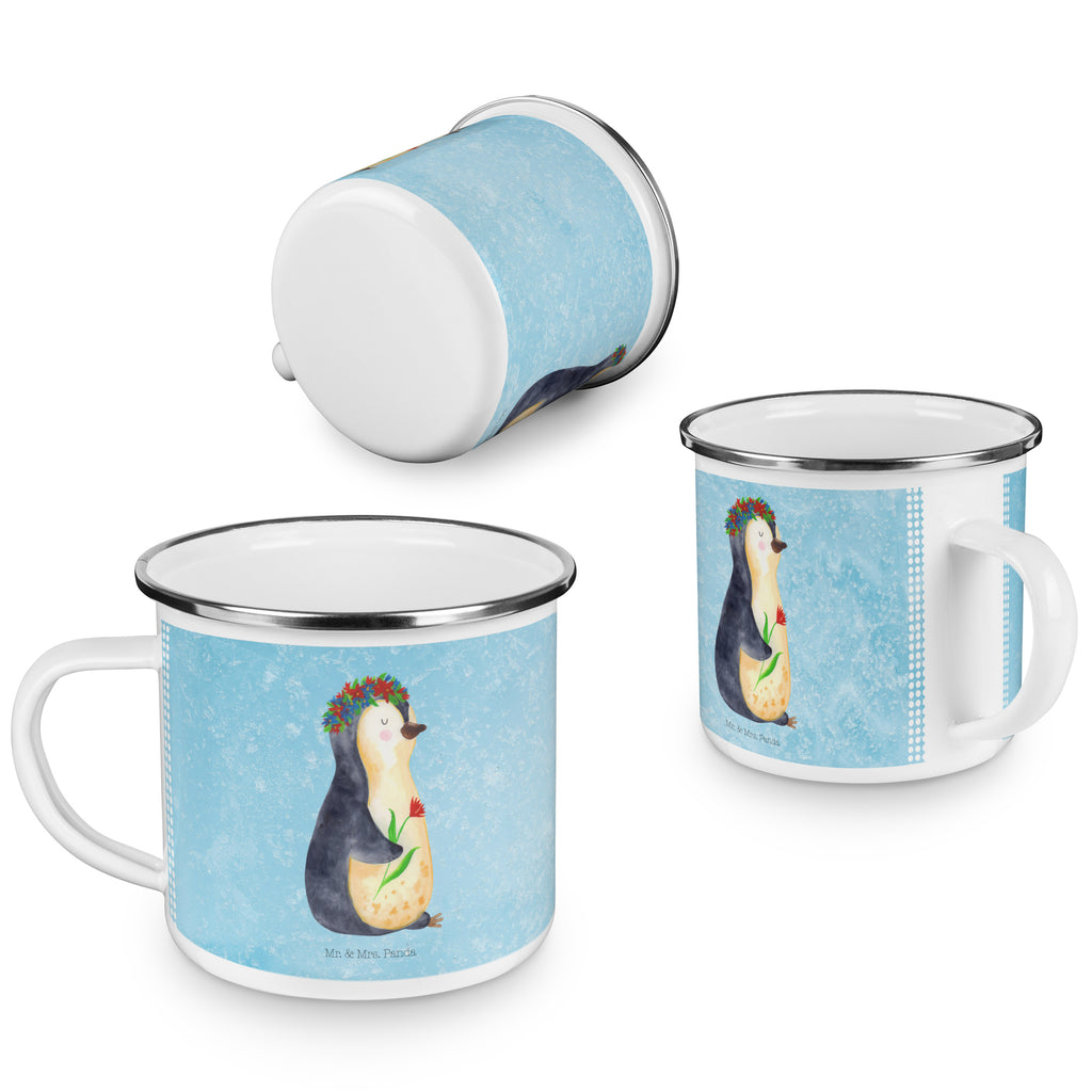 Camping Emaille Tasse Pinguin Blumenkranz Campingtasse, Trinkbecher, Metalltasse, Outdoor Tasse, Emaille Trinkbecher, Blechtasse Outdoor, Emaille Campingbecher, Edelstahl Trinkbecher, Metalltasse für Camping, Kaffee Blechtasse, Camping Tasse Metall, Pinguin, Pinguine, Blumenkranz, Universum, Leben, Wünsche, Ziele, Lebensziele, Motivation, Lebenslust, Liebeskummer, Geschenkidee