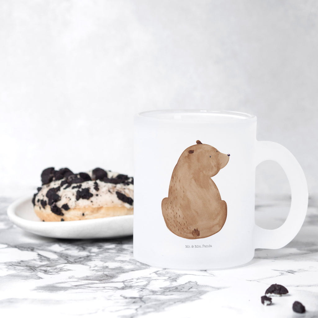 Teetasse Bär Schulterblick Teetasse, Teeglas, Teebecher, Tasse mit Henkel, Tasse, Glas Teetasse, Teetasse aus Glas, Bär, Teddy, Teddybär, Selbstachtung, Weltansicht, Motivation, Bären, Bärenliebe, Weisheit