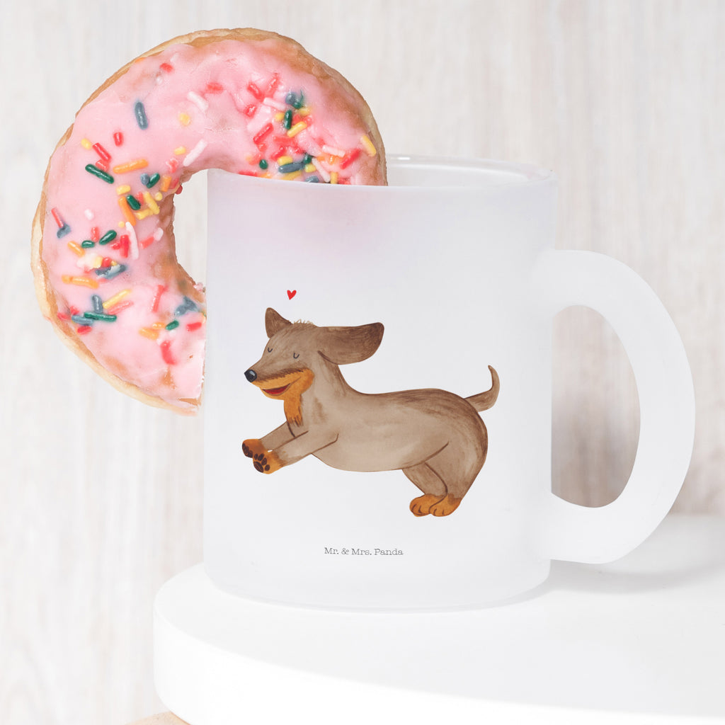 Teetasse Hund Dackel fröhlich Teetasse, Teeglas, Teebecher, Tasse mit Henkel, Tasse, Glas Teetasse, Teetasse aus Glas, Hund, Hundemotiv, Haustier, Hunderasse, Tierliebhaber, Hundebesitzer, Sprüche, Hunde, Dackel, Dachshund, happy dog