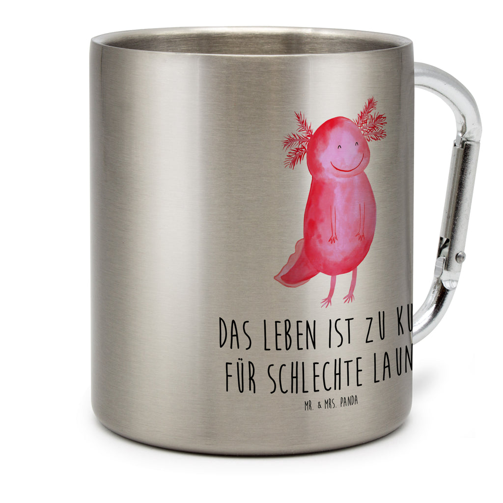 Edelstahlbecher Axolotl glücklich Edelstahltasse, Karabiner, Edelstahlbecher, Outdoor, Camping, Tasse, Becher, Axolotl, Molch, Axolot, Schwanzlurch, Lurch, Lurche, Motivation, gute Laune