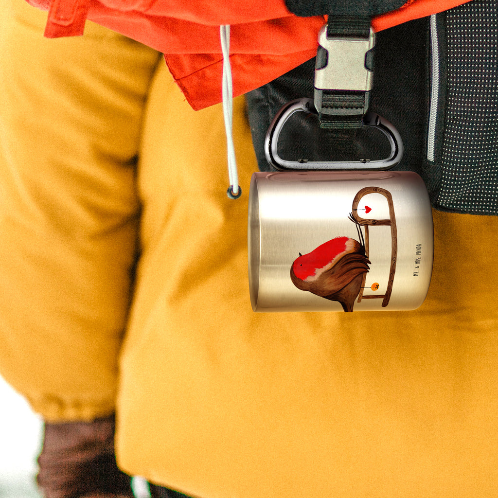 Edelstahlbecher Rotkehlchen Schlitten Edelstahltasse, Karabiner, Edelstahlbecher, Outdoor, Camping, Tasse, Becher, Winter, Weihnachten, Weihnachtsdeko, Nikolaus, Advent, Heiligabend, Wintermotiv, Schlitten, Vogel