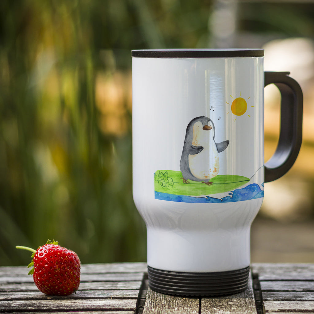 Thermobecher Pinguin Surfer Thermobecher, To Go Becher, Thermotasse, Kaffeebecher, Isolierbecher, Thermobecher To Go, Warmhaltetasse, Edelstahlbecher, Reisebecher, Tasse mit Deckel, Thermobecher für 400 ml, Kaffeetasse zum Mitnehmen, Tasse zum Mitnehmen, Spülmaschinenfest, Pinguin, Pinguine, surfen, Surfer, Hawaii, Urlaub, Wellen, Wellen reiten, Portugal