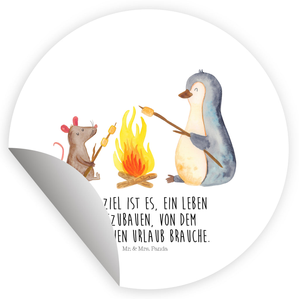 Rund Aufkleber Pinguin Lagerfeuer Sticker, Aufkleber, Etikett, Pinguin, Maus, Pinguine, Lagerfeuer, Leben, Arbeit, Job, Motivation, Büro, Büroalltag, Lebensspruch, Lebensmotivation, Neustart, Liebe, grillen, Feuer, Marshmallows