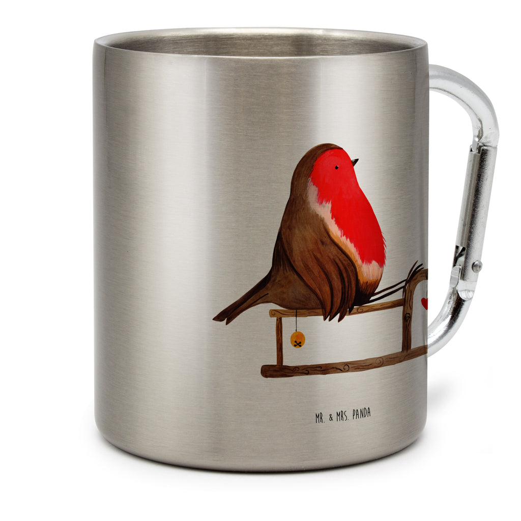 Edelstahlbecher Rotkehlchen Schlitten Edelstahltasse, Karabiner, Edelstahlbecher, Outdoor, Camping, Tasse, Becher, Winter, Weihnachten, Weihnachtsdeko, Nikolaus, Advent, Heiligabend, Wintermotiv, Schlitten, Vogel